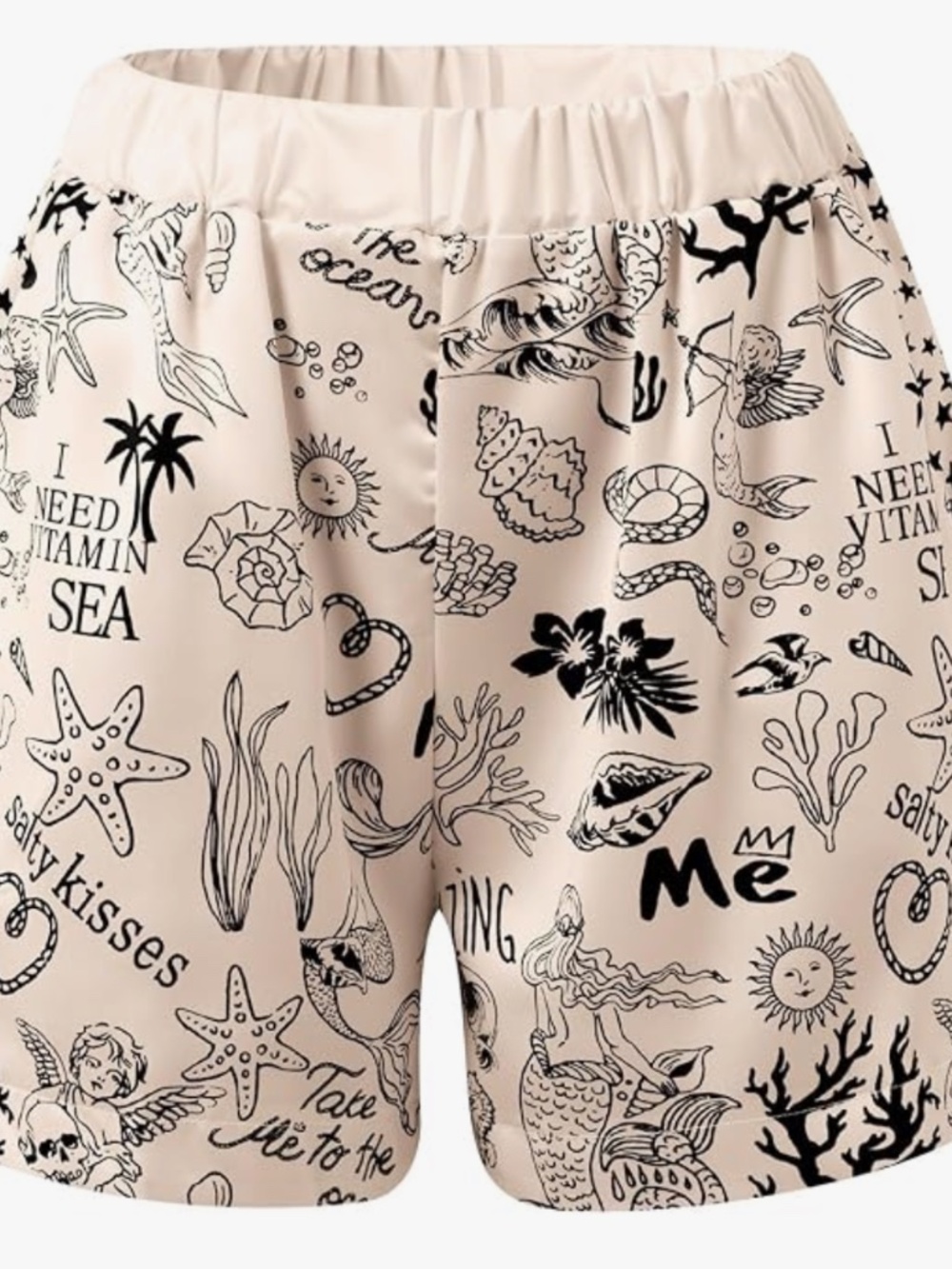 Beach Graphic Satin Lounge Set | Coastal Print Button-Up Shirt & Shorts | Vacati - Picture 5 of 10